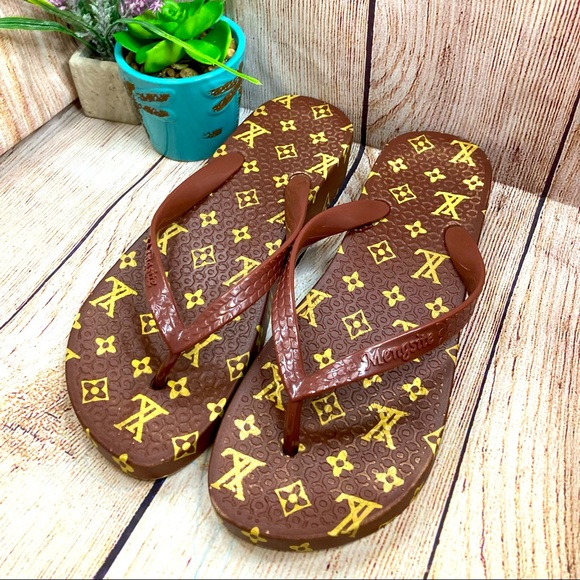 Mengsite Shoes - Mengsite Brown & Gold Flip Flop Sandals Sz 39 (6 US)